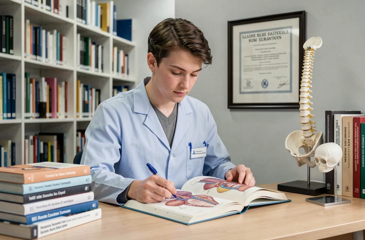 Étudiant en ostéopathie étudiant la réglementation et la formation des ostéopathes en France dans une bibliothèque universitaire