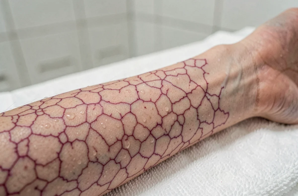 Gros plan sur des marbrures vasculaires sur l'avant-bras d'une femme après le sport, motif en réseau rougeâtre visible sur la peau
