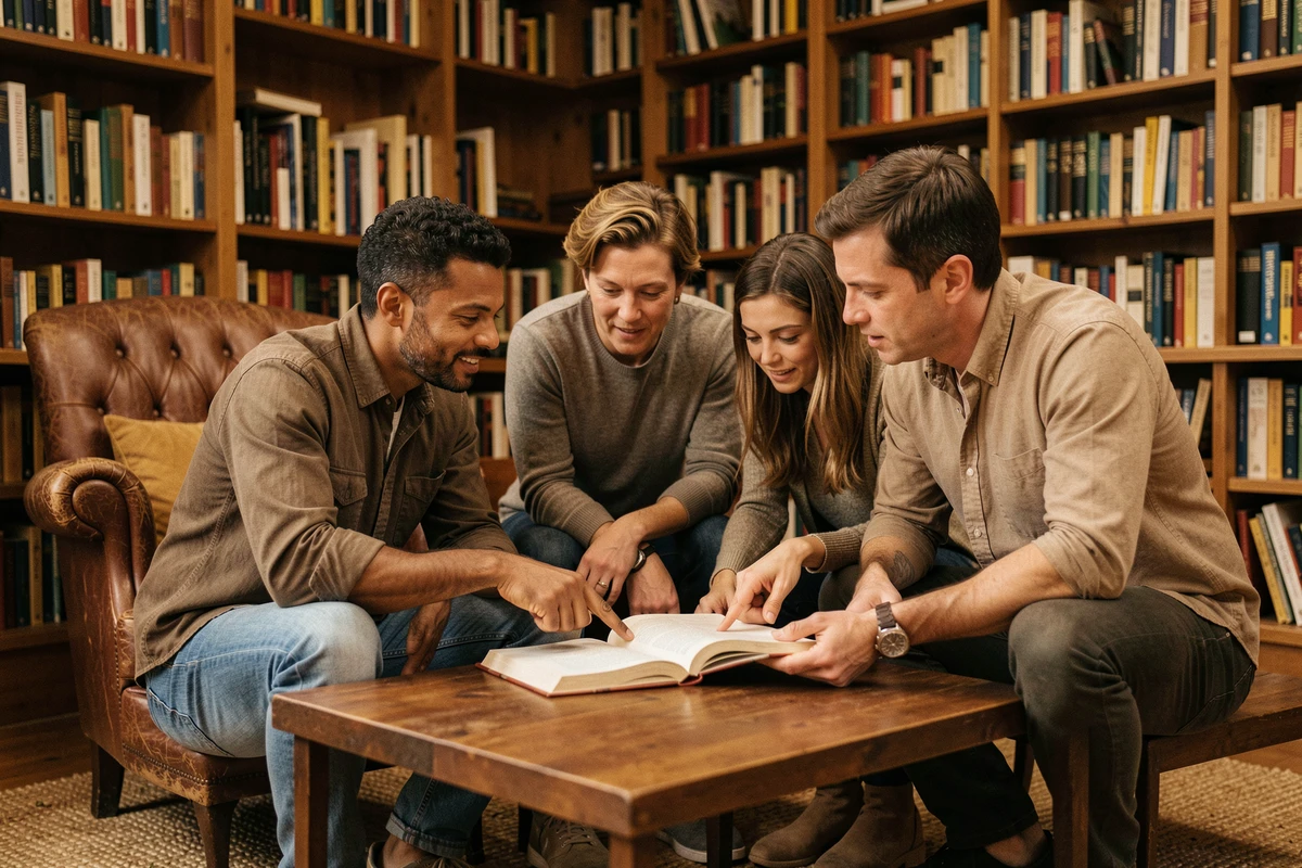Groupe de personnes discutant d'un guide pédagogique dans une bibliothèque conviviale