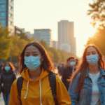 Groupe de personnes masquées dans un parc urbain ensoleille