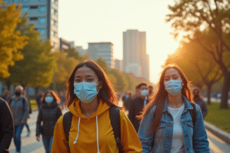 Groupe de personnes masquées dans un parc urbain ensoleille