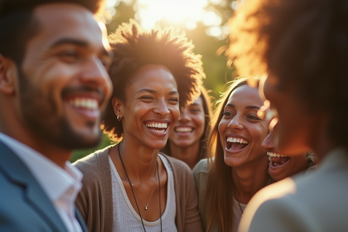 Groupe de professionnels souriants en extérieur ensoleille