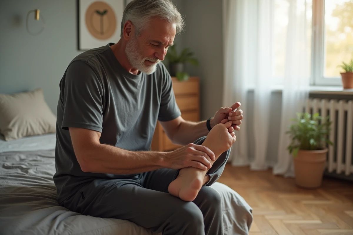 Homme appliquant un gel à base d'argile naturelle sur sa cheville le matin pour soulager des douleurs articulaires nocturnes