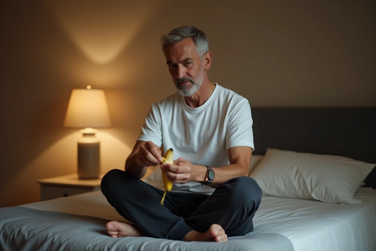 Homme mangeant une banane assis sur son lit le soir avant de dormir