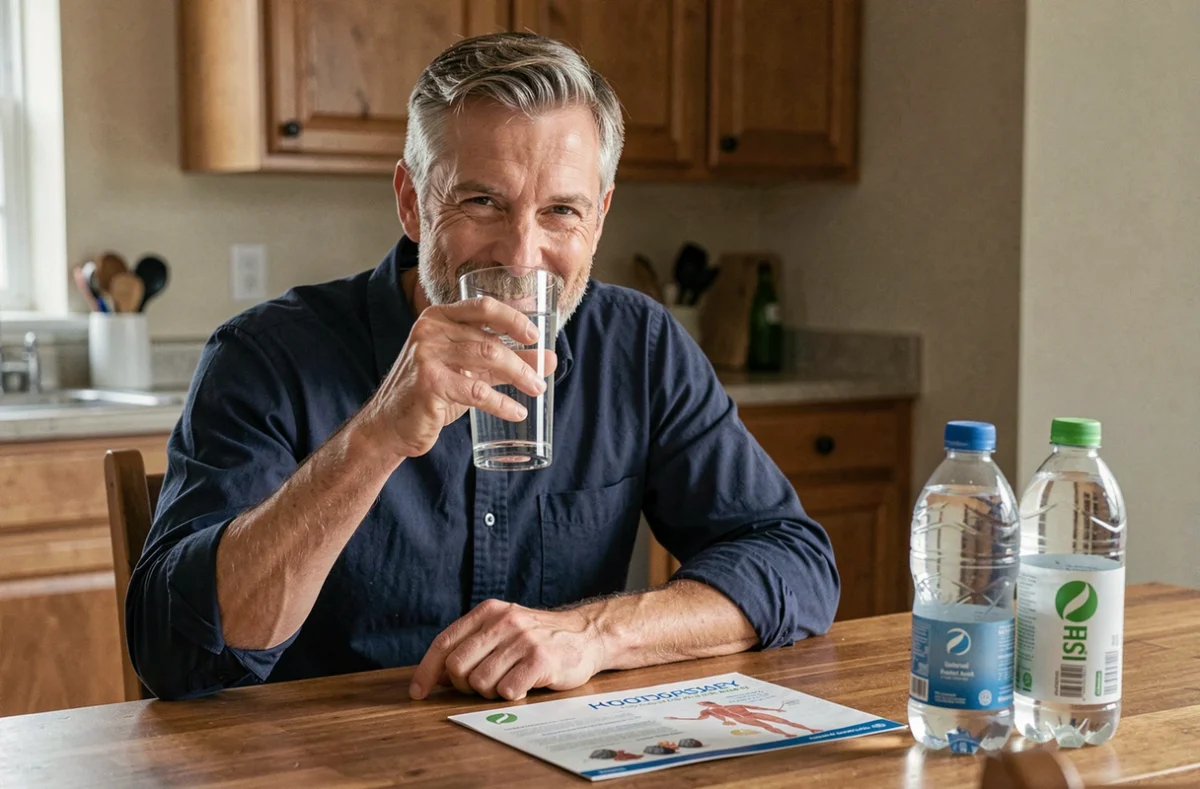 Homme buvant un verre d'eau pour prévenir les calculs rénaux avec des bouteilles d'eau et une brochure médicale sur la table