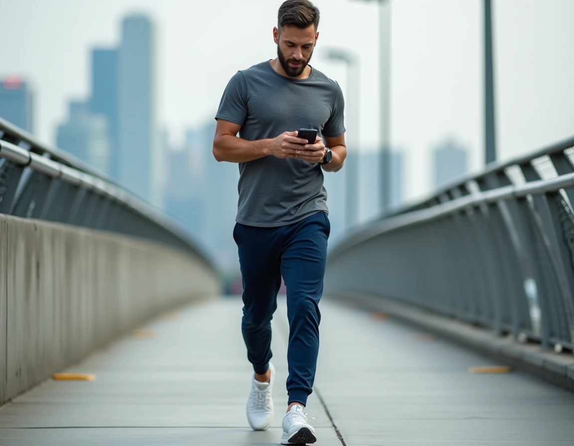 Homme consultant son application de comptage de pas sur smartphone lors d'une promenade quotidienne sur un pont urbain pour perdre du poids