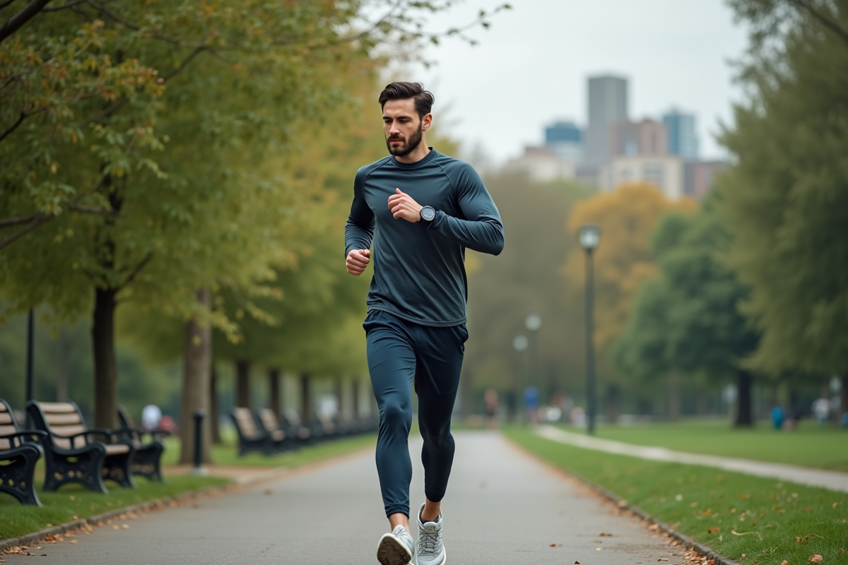 Homme courant dans un parc urbain avec montre connectée