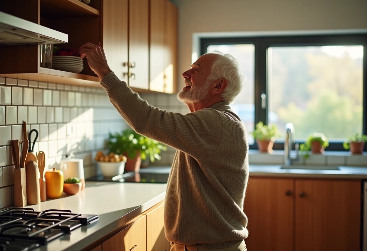 Homme âgé dans une cuisine moderne atteignant une étagère
