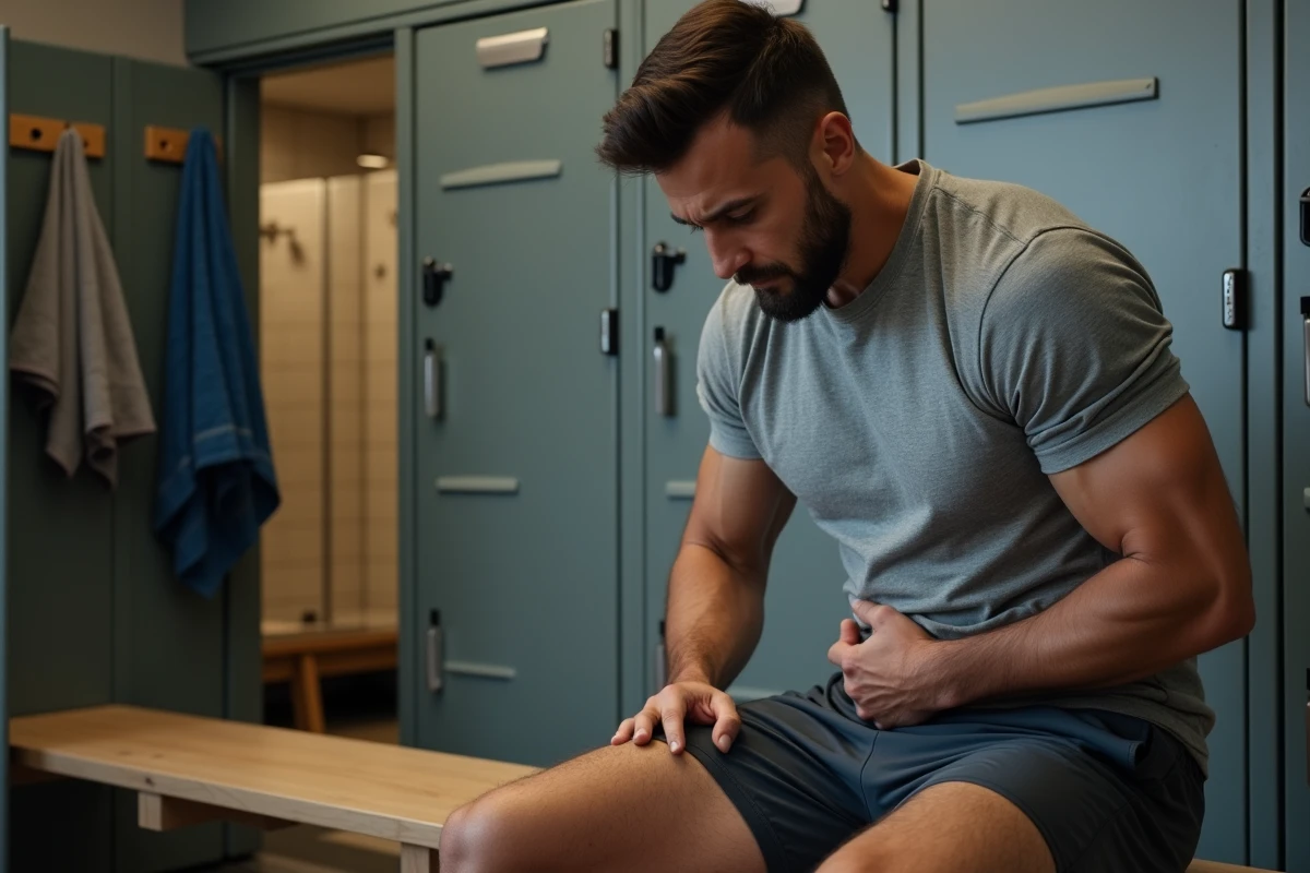 Homme remarquant une boule à l'aine dans un vestiaire sportif, inquiet d'un ganglion inguinal