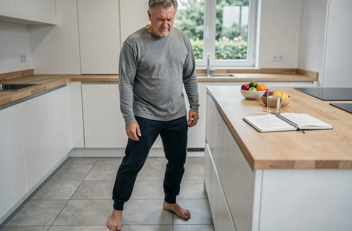 Homme souffrant d'épine calcanéenne dans sa cuisine avec des notes alimentaires, illustrant l'approche globale foie intestin et douleur du talon