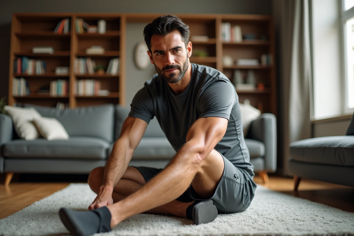 Homme en train de s'étirer le mollet chez lui