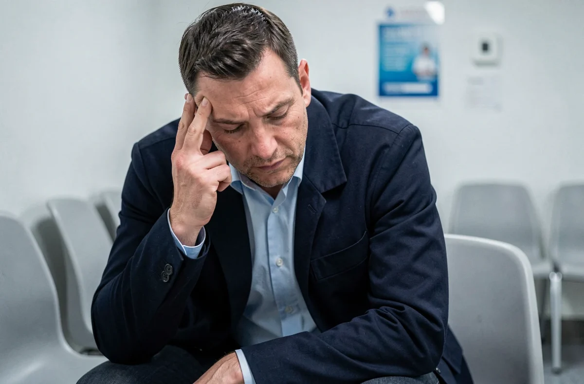 Homme en salle d'attente médicale se massant la tempe gauche avec une expression pensive et préoccupée