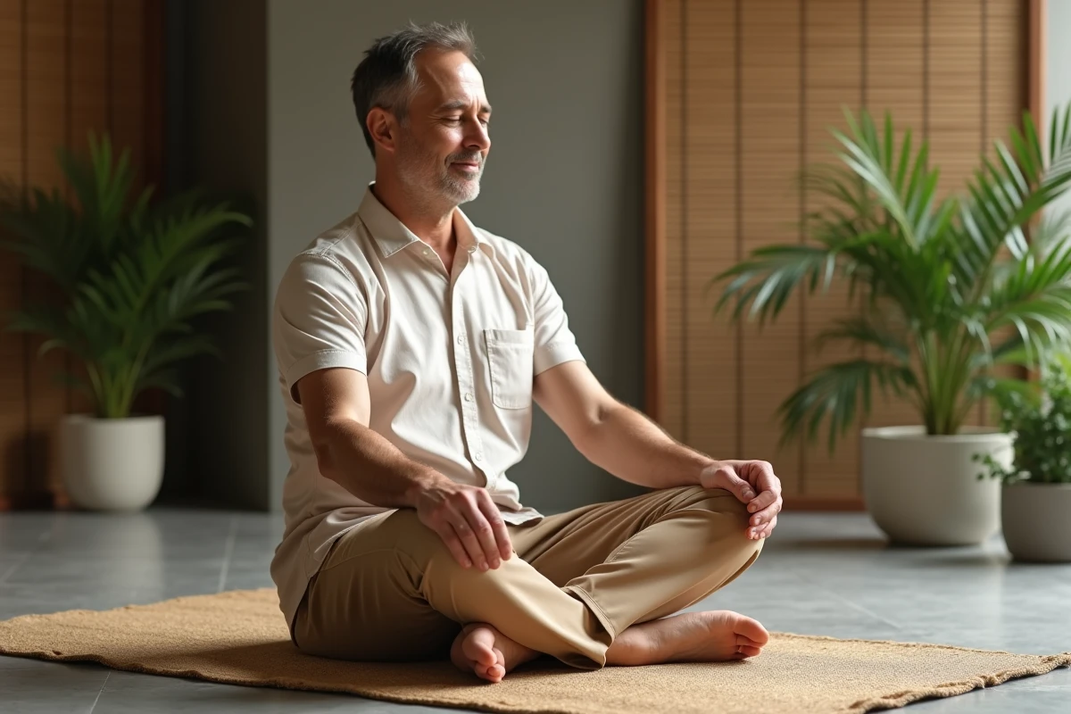 Homme méditant en position de réflexologie sur un tapis naturel