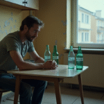 Homme d'âge moyen assis seul dans une cuisine modeste