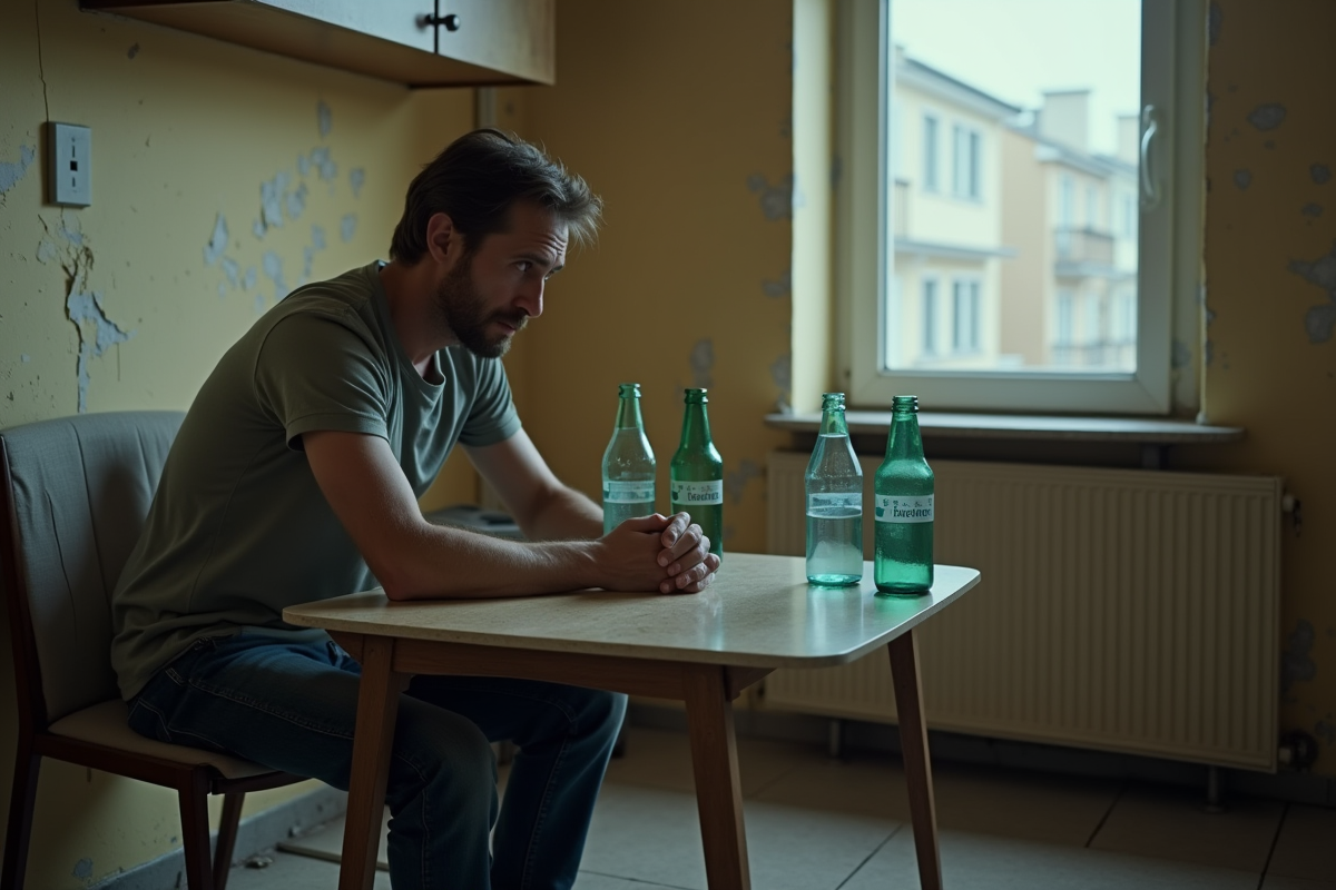 Homme d'âge moyen assis seul dans une cuisine modeste