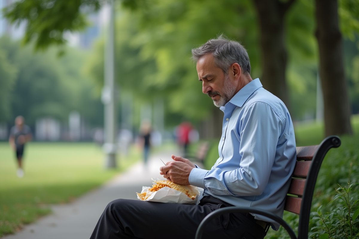 Homme mangeant dans un parc urbain en pleine réflexion