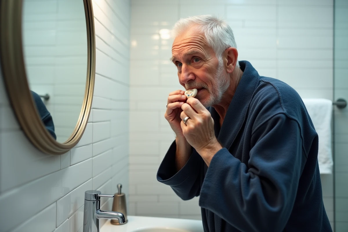Homme âgé insérant sa prothèse dentaire amovible devant un miroir de salle de bain