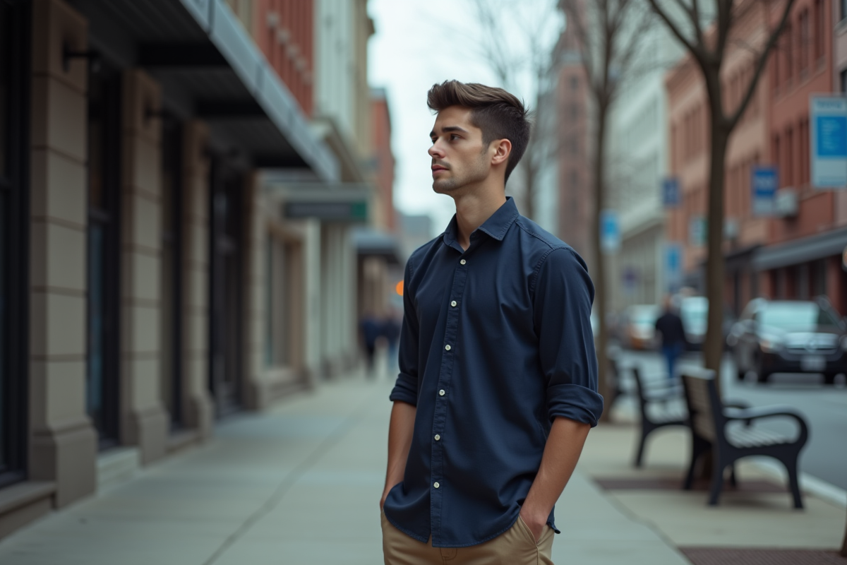 Jeune homme marche seul dans une rue urbaine