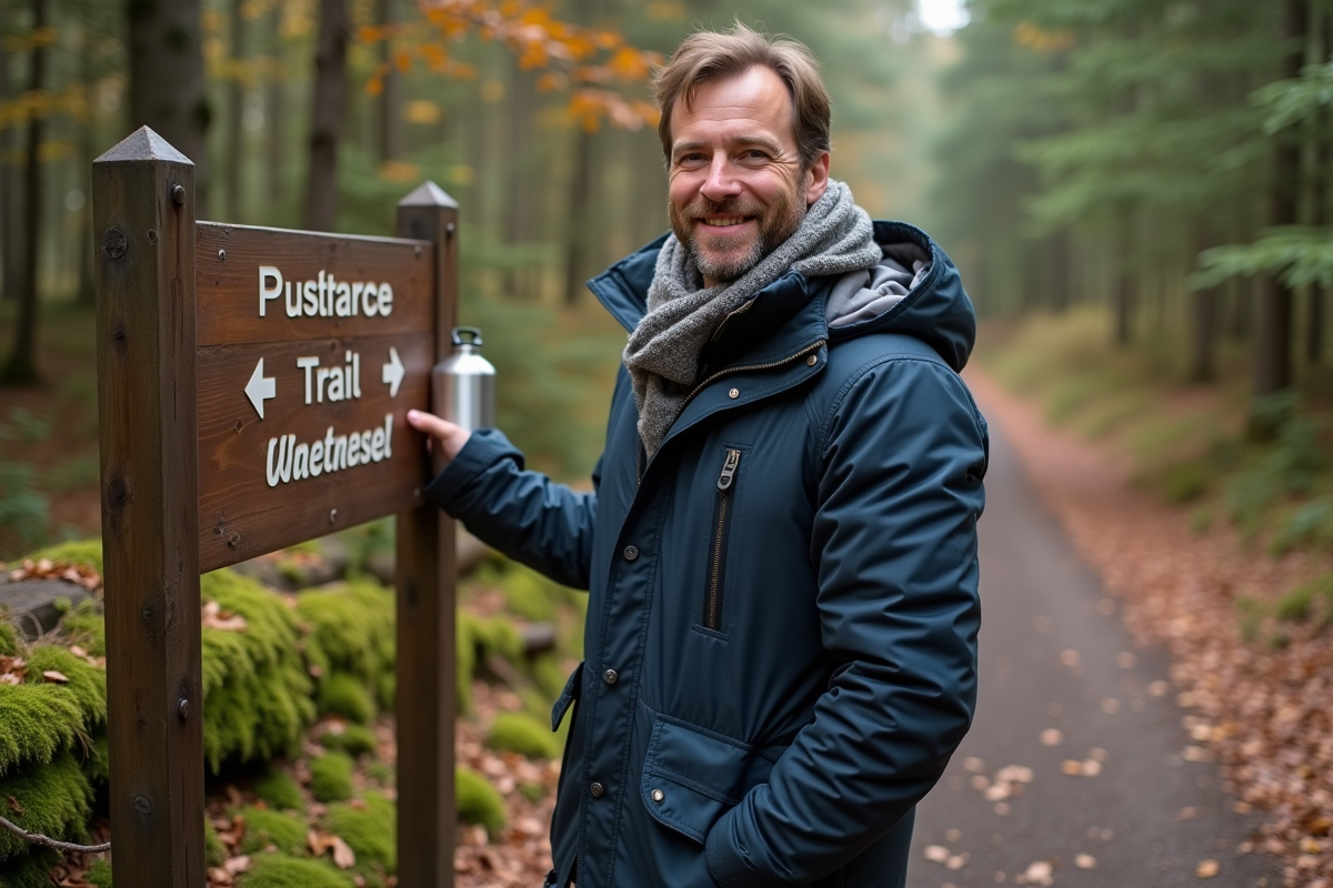 Homme en randonnée dans la forêt avec bouteille d