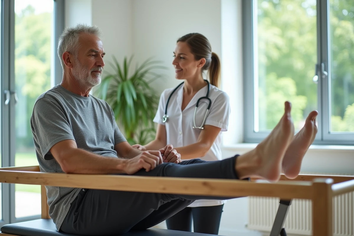 Homme en rééducation avec physiothérapeute dans une clinique