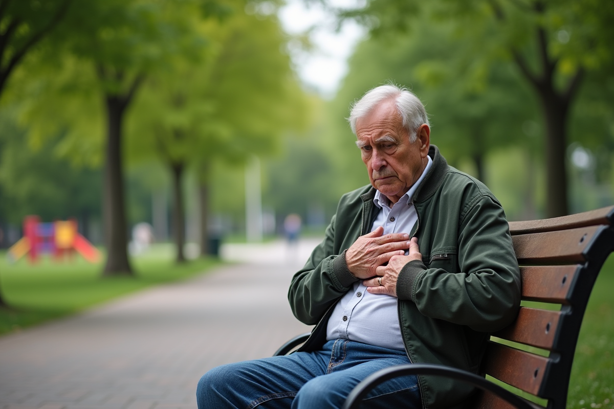 Homme age penseur assis sur un banc dans un parc