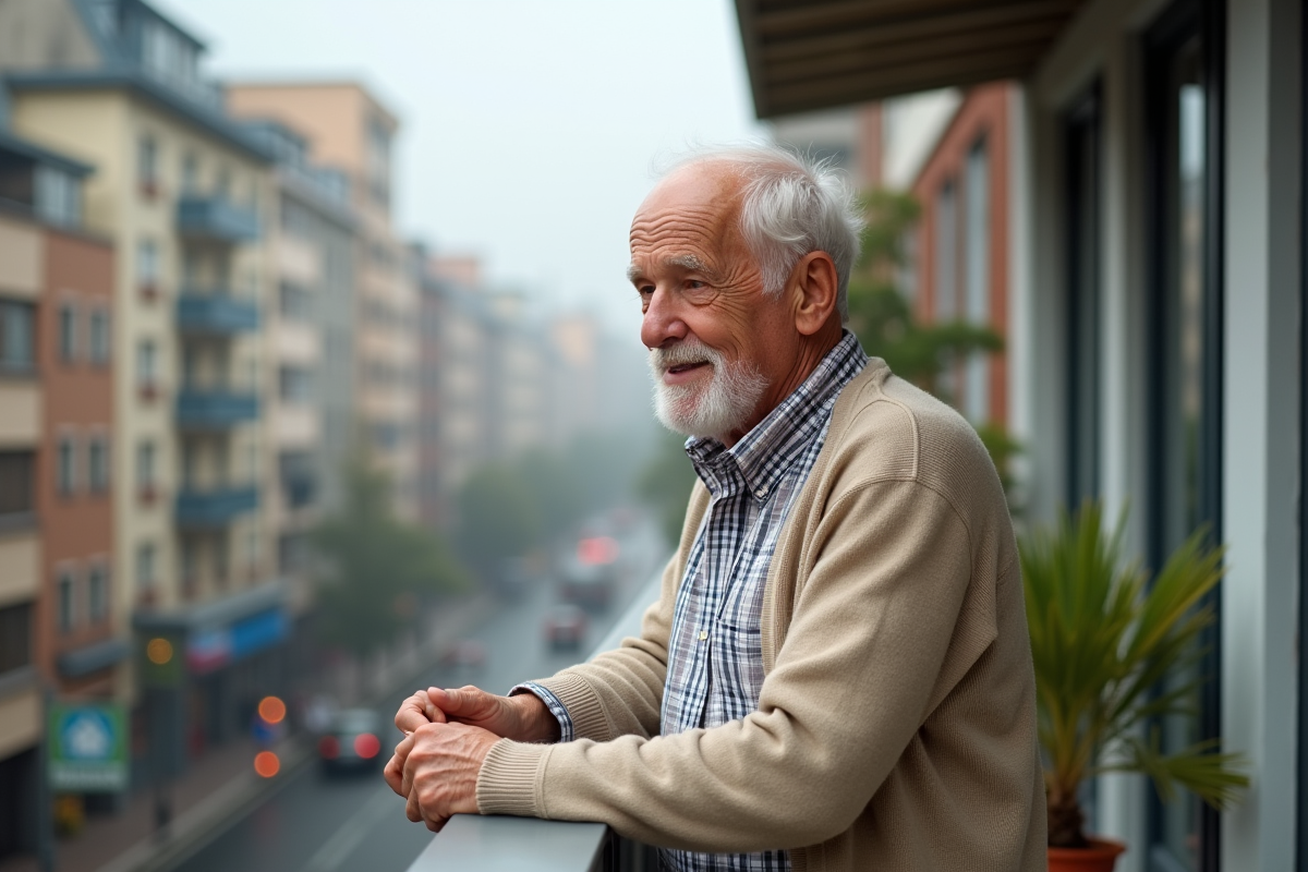 Homme âgé respirant sur un balcon urbain en matinée