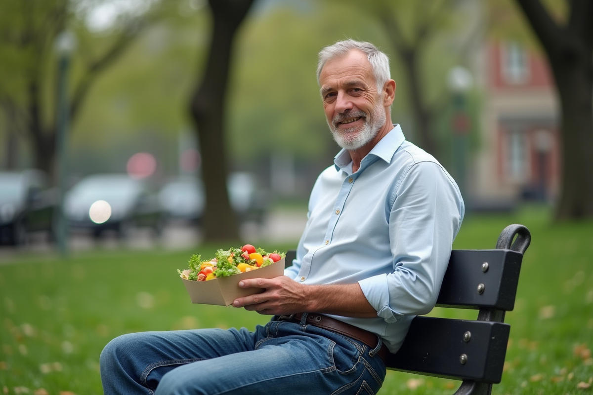 Homme dégustant une salade dans un parc urbain