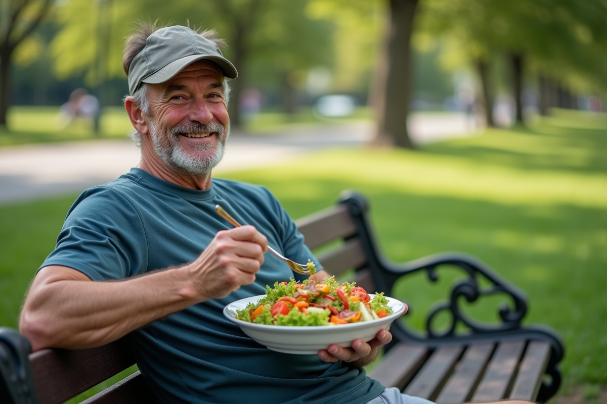 Homme détendu mangeant une salade dans un parc urbain