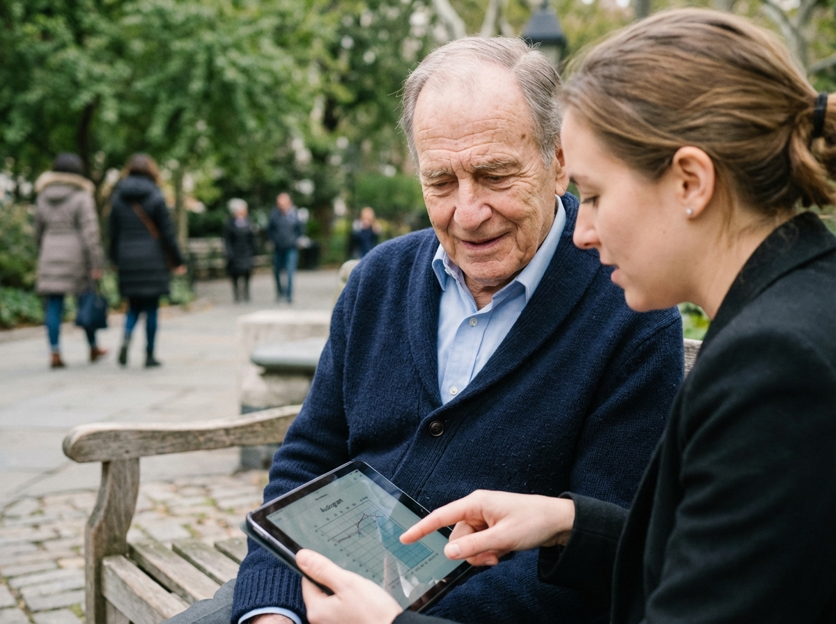 Homme âgé en park avec spécialiste en audition et tablette