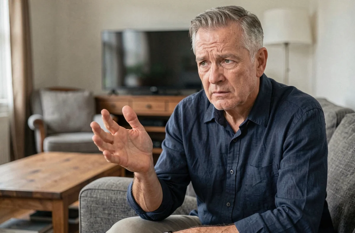 Homme senior assis dans son salon regardant sa main droite avec inquiétude, évoquant les fourmillements et la nécessité de consulter un neurologue