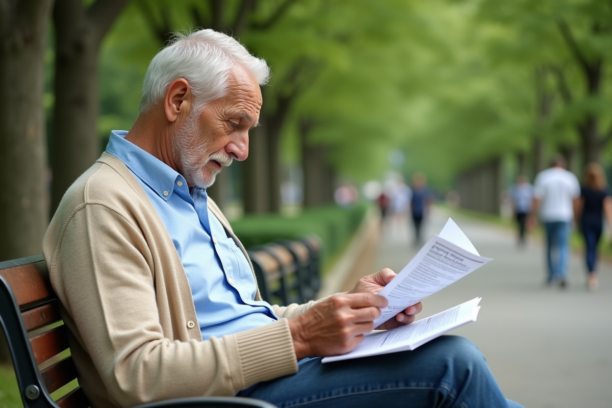 Homme senior lisant brochure dans un parc vert