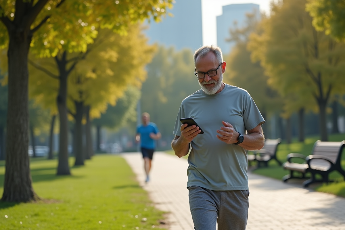 Homme marchant dans un parc urbain avec smartphone