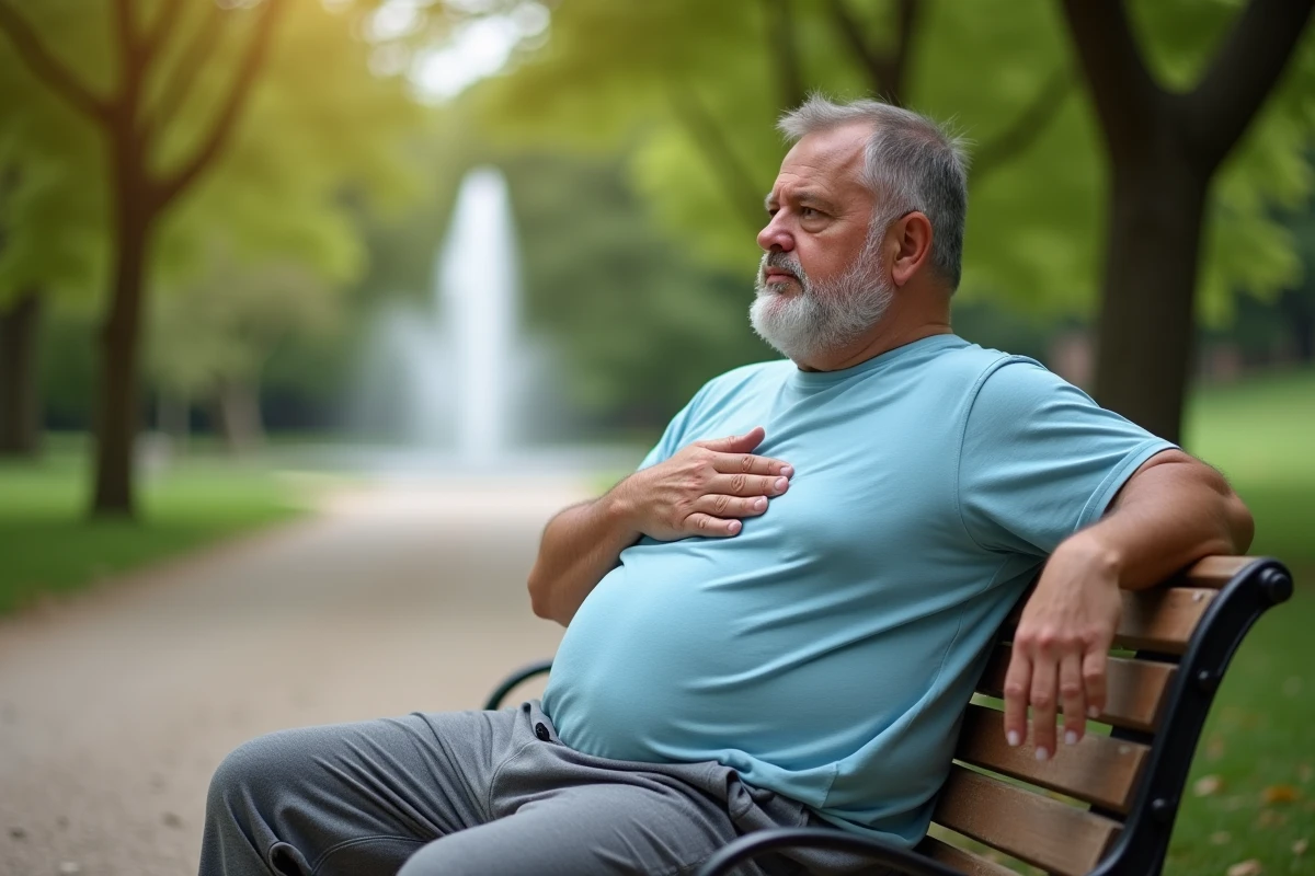 Homme en surpoids se reposant dans un parc après un effort physique en posant la main sur sa poitrine