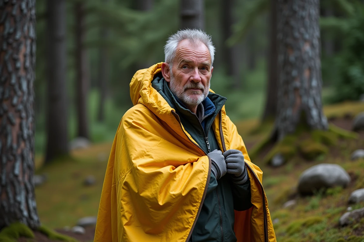 Homme en plein air déployant une couverture de survie dorée