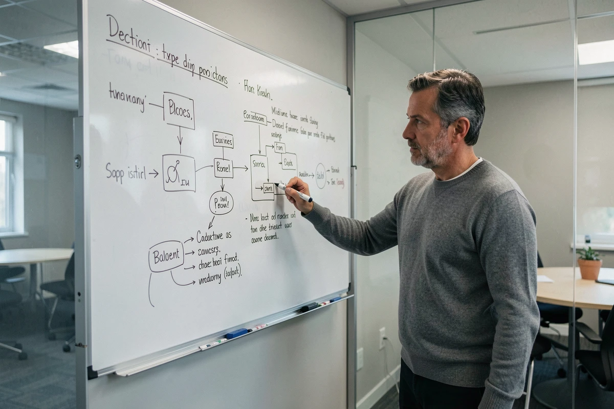 Homme expliquant un concept complexe sur un tableau blanc avec des schémas simplifiés