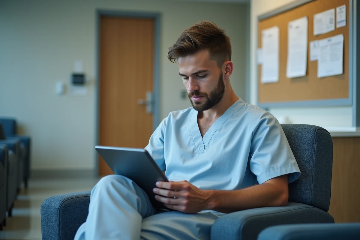 Jeune infirmier regardant un message sur sa tablette dans la salle de repos