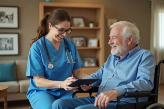 Infirmière souriante aidant un résident âgé dans un salon