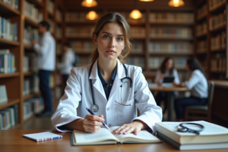 Jeune étudiante en médecine dans une bibliothèque studieuse