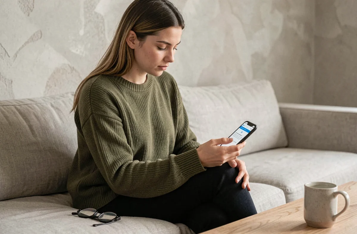 Jeune femme gérant son compte mutuelle PRO BTP sur smartphone depuis son salon