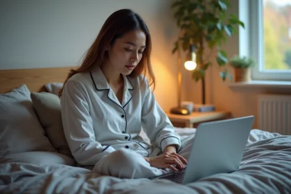 Jeune femme en pyjama regardant un calculateur de sommeil