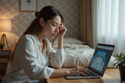 Jeune femme en loungewear utilisant un ordinateur portable pour un simulateur de sommeil