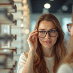 Jeune femme essayant des lunettes dans un magasin lumineux