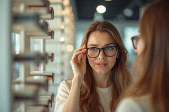 Jeune femme essayant des lunettes dans un magasin lumineux