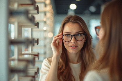 Jeune femme essayant des lunettes dans un magasin lumineux