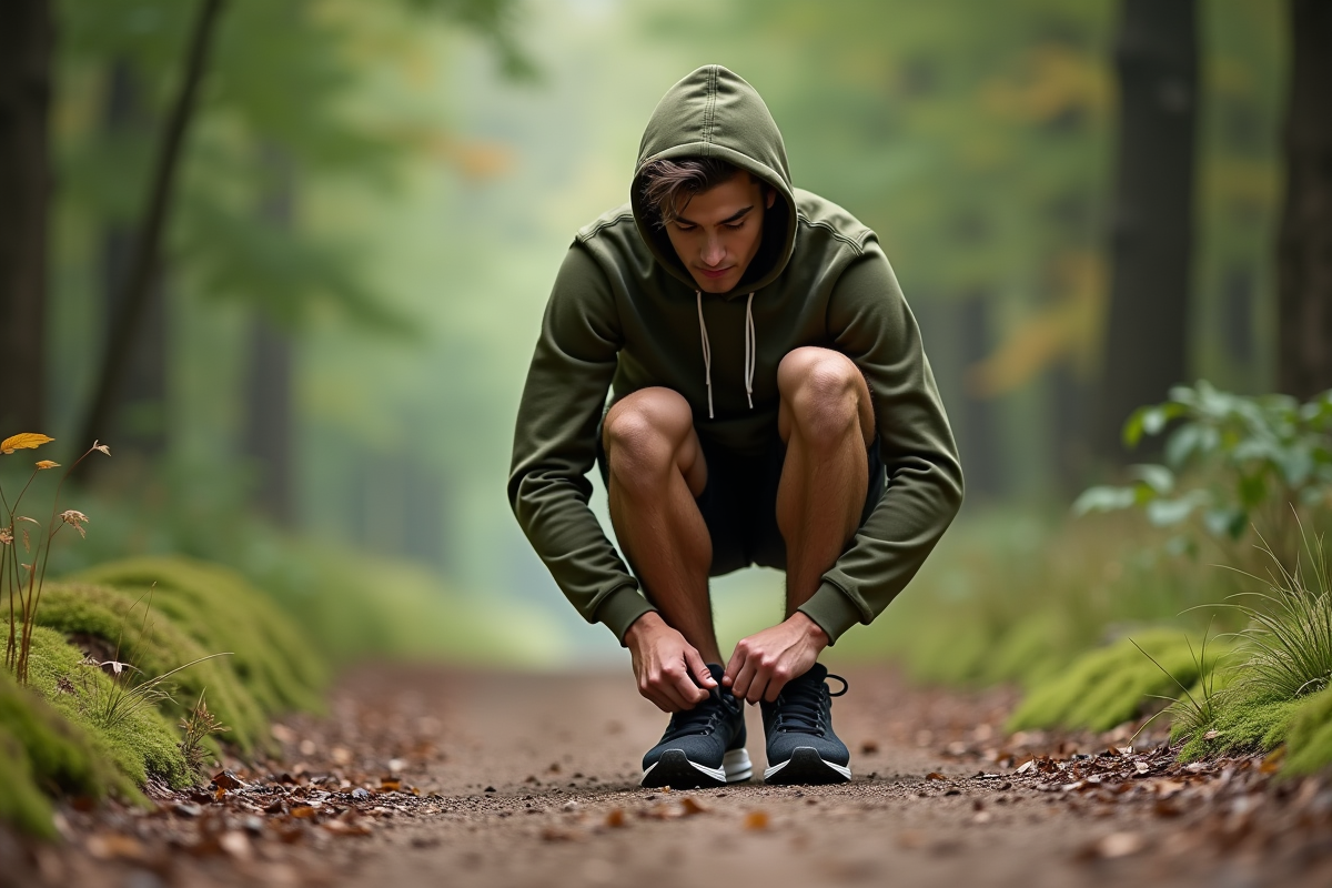 Homme attachant ses chaussures sur un sentier forestier