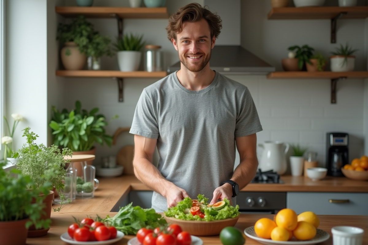 Jeune homme préparant une salade dans la cuisine