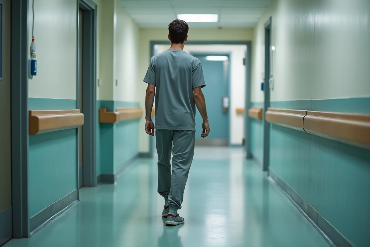 Jeune homme marchant dans un couloir d