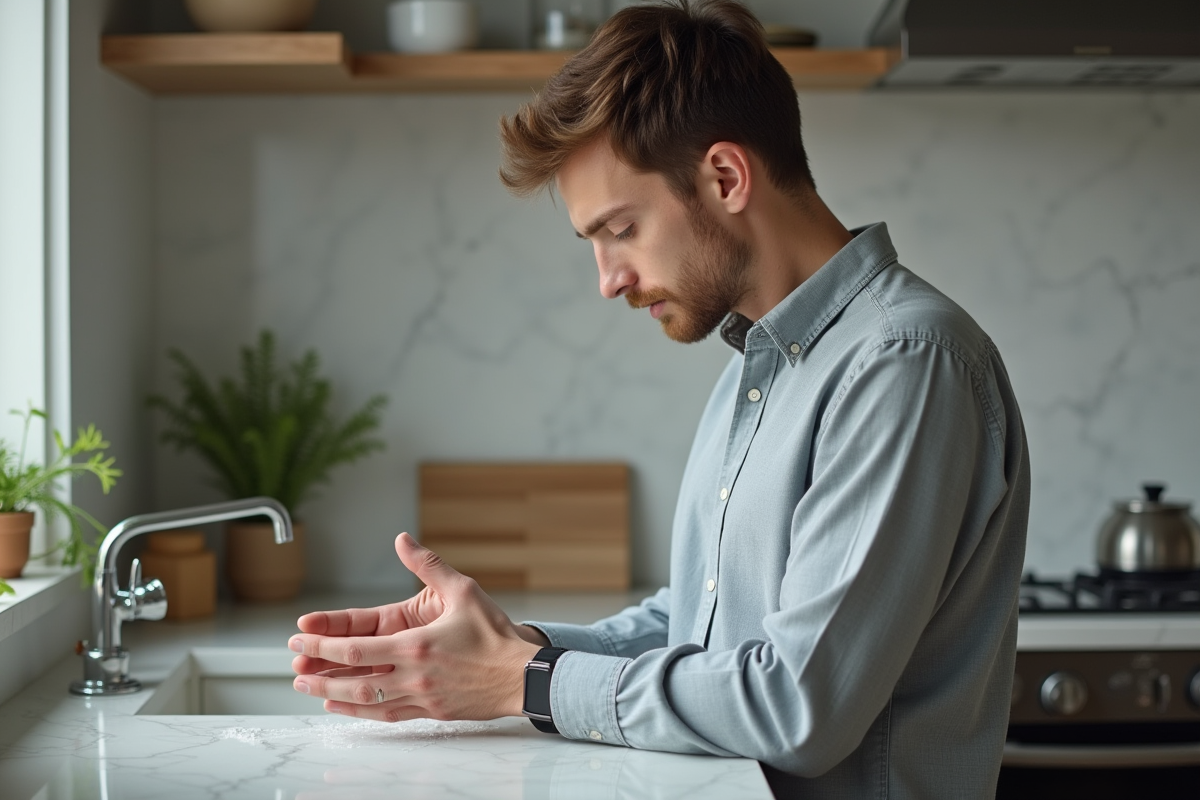 Jeune homme regardant ses mains sèches cuisine