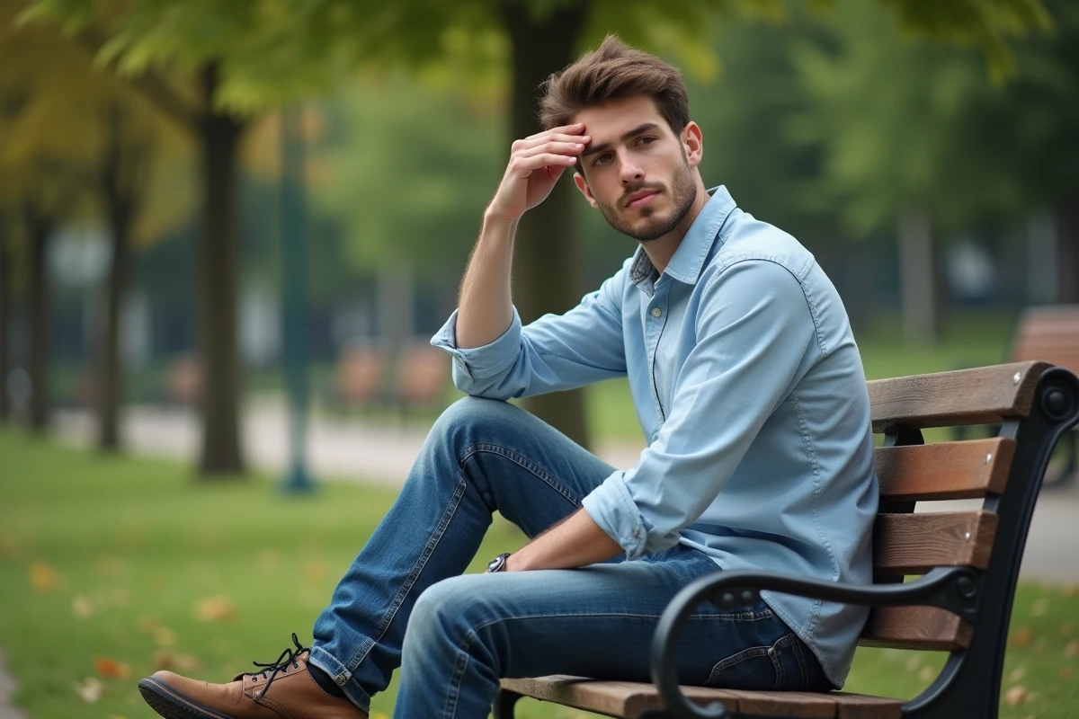 Jeune homme assis sur un banc de parc en réflexion