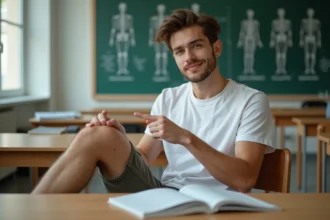 Jeune homme pointant son genou en classe universitaire